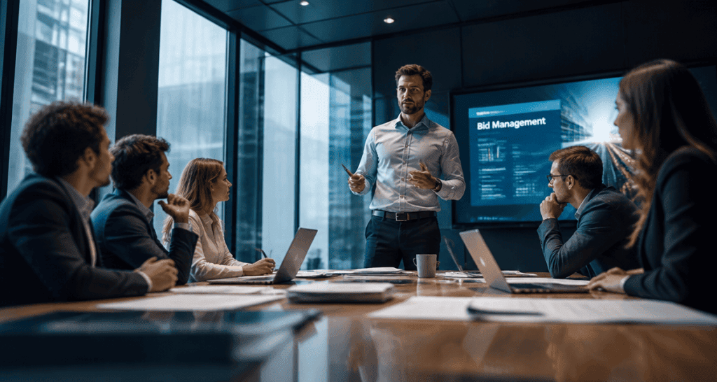 bid manager présente un dossier en réunion