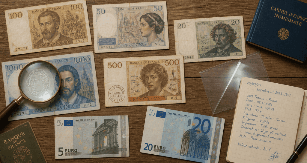 billet de banque france sur table avec loupe et carnet