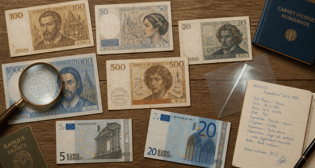 billet de banque france sur table avec loupe et carnet