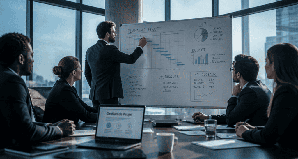 consultant en gestion de projet animant une réunion