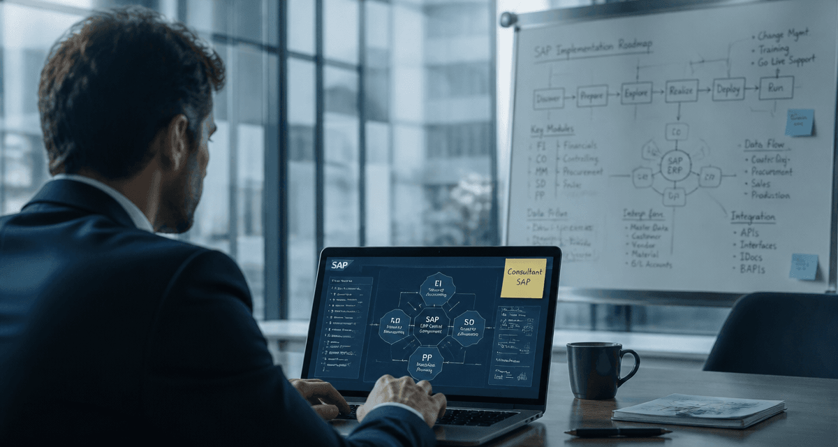 consultant sap travaillant sur modules sap en salle de réunion
