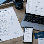 bureau moderne avec cahier CRM sur mesure et laptop