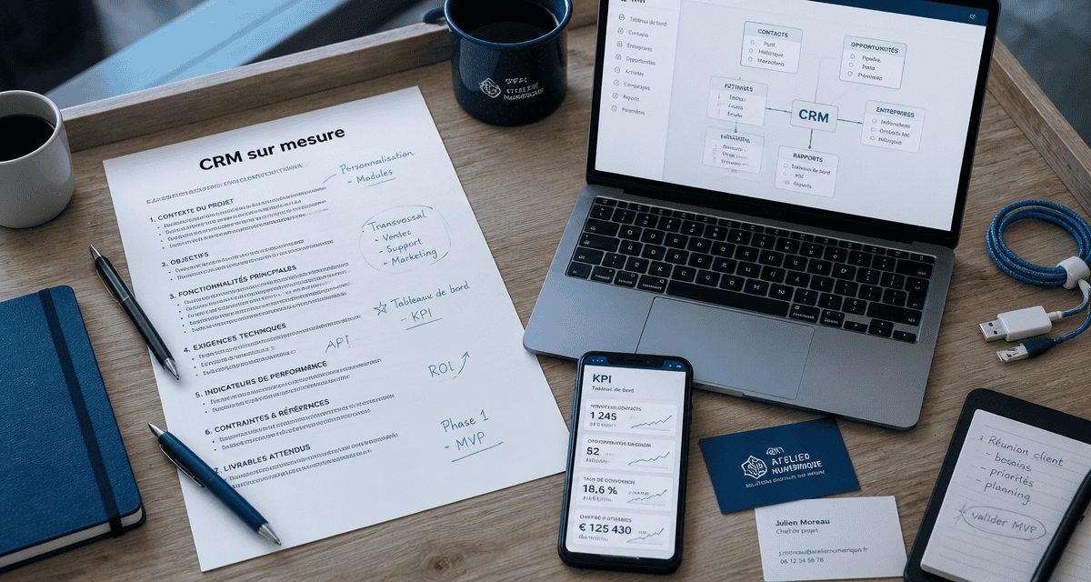 bureau moderne avec cahier CRM sur mesure et laptop