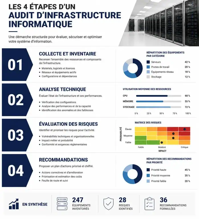 Infographie des étapes d'un audit infrastructure informatique pour les entreprises