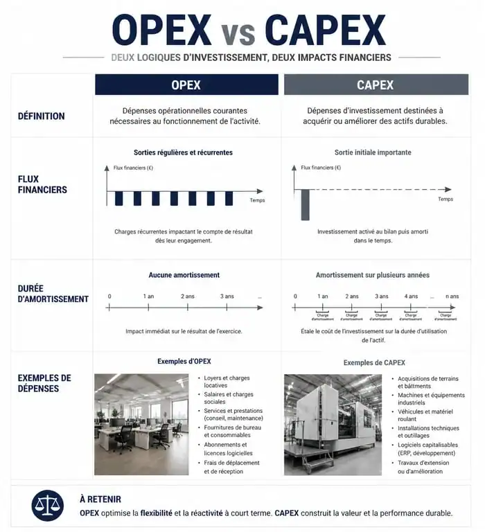 Tableau comparatif visuel OPEX vs CAPEX pour la gestion financière