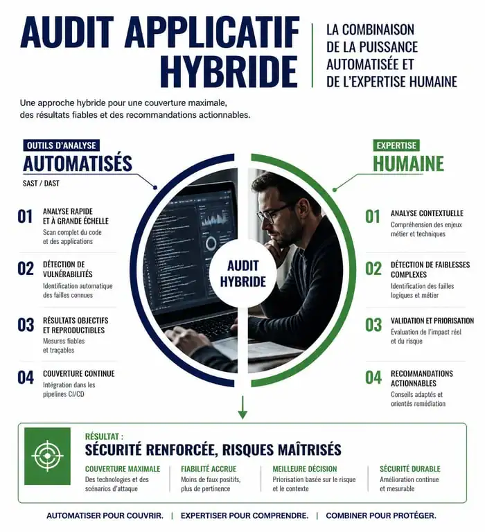 Infographie sur l'approche hybride de l'audit applicatif : outils automatisés et expertise humaine