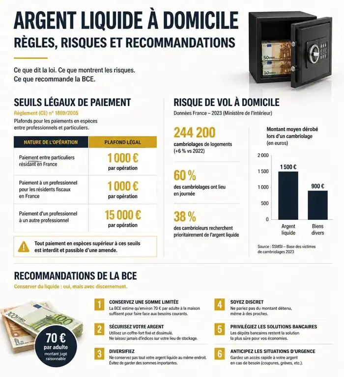 Infographie des règles et seuils légaux pour la détention d'argent liquide chez soi