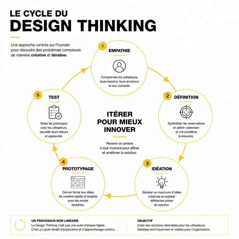 Schéma des 5 étapes du processus design thinking : empathie, définition, idéation, prototypage et test