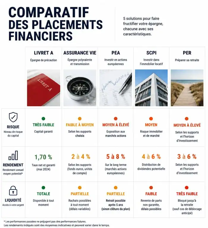 Infographie comparative des placements financiers : où mettre son argent en 2026