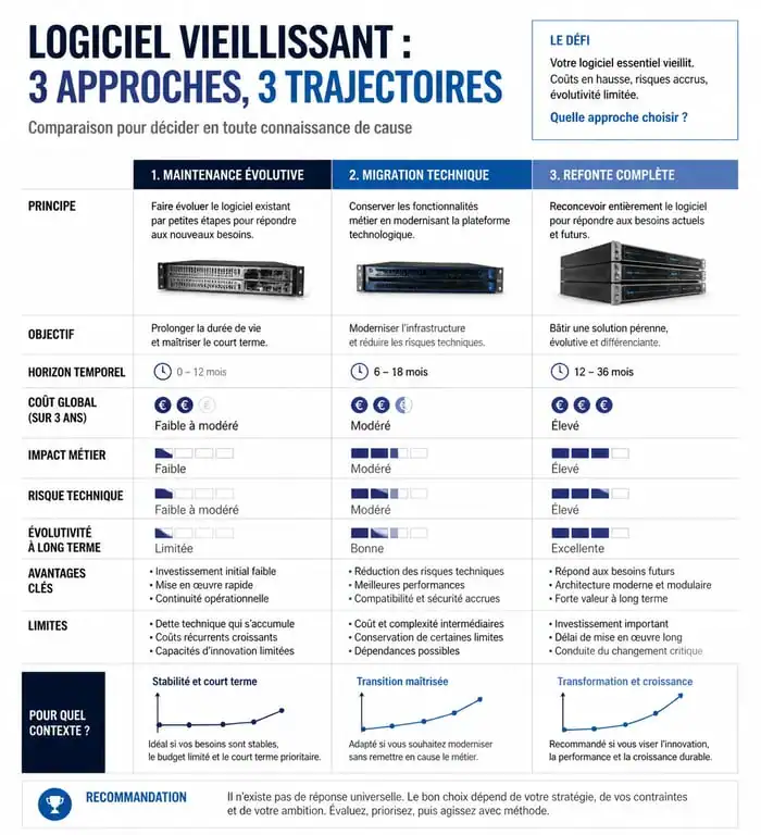 Infographie comparative des stratégies de modernisation : maintenance, migration et refonte logicielle