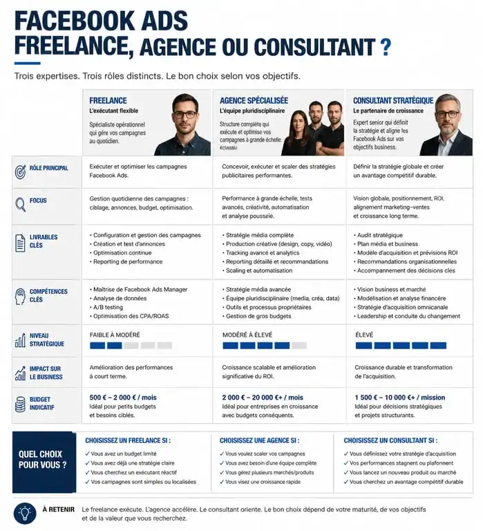 Comparatif des profils pour la gestion de campagnes Facebook Ads : freelance, agence et consultant