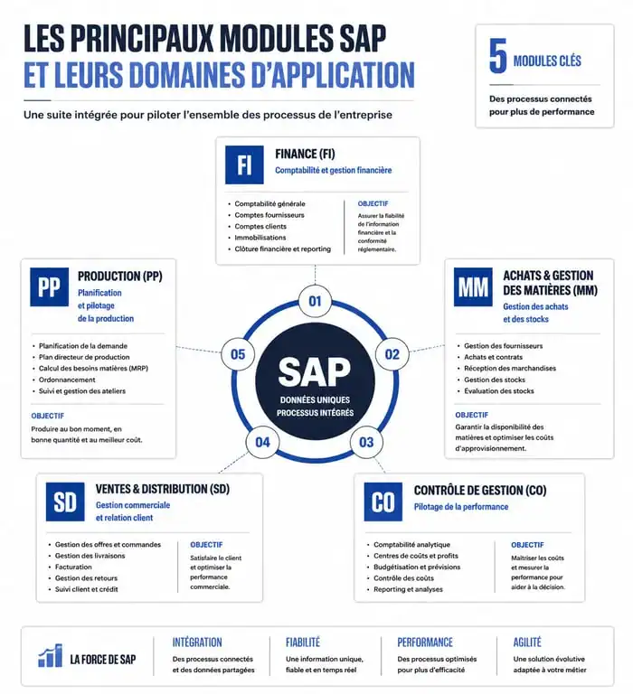Infographie des modules SAP : FI, CO, MM, SD, PP pour consultant SAP