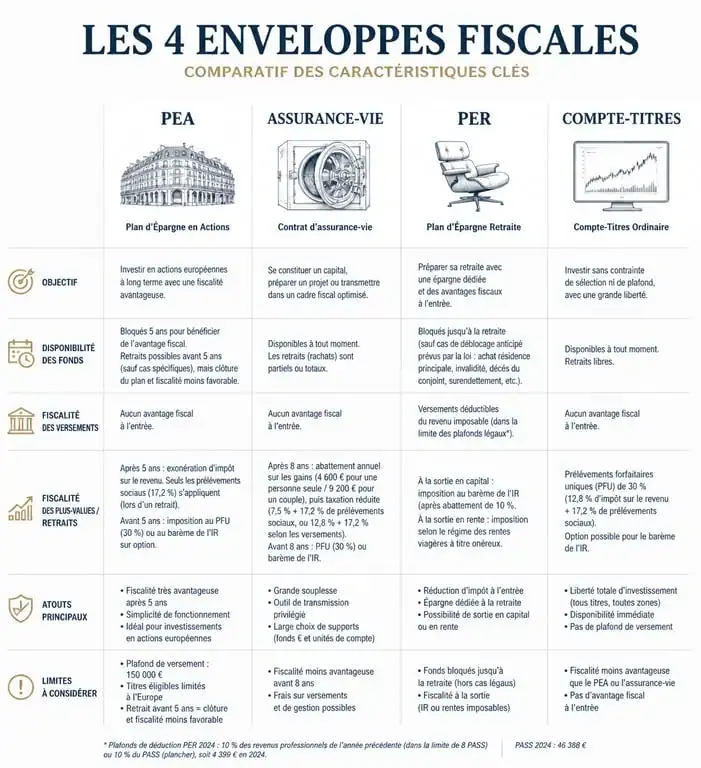 Comparatif des enveloppes fiscales pour investir : PEA, Assurance-Vie, PER et Compte-Titres