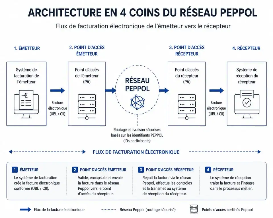 Schéma de l'architecture en 4 coins du réseau Peppol pour la facturation électronique en France