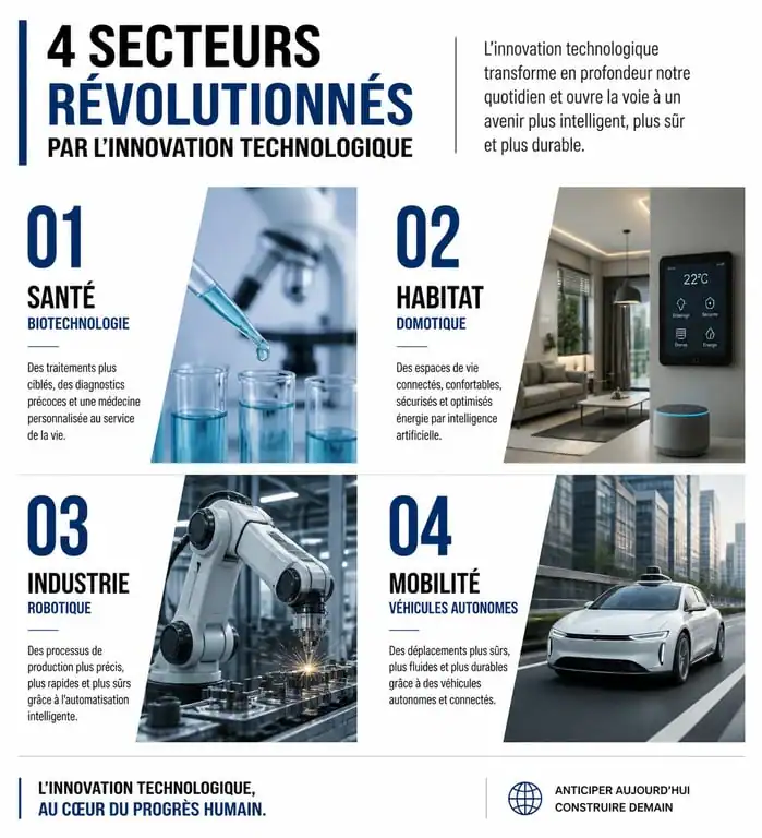 Infographie des secteurs clés de l'innovation technologique : santé, habitat, industrie et mobilité.