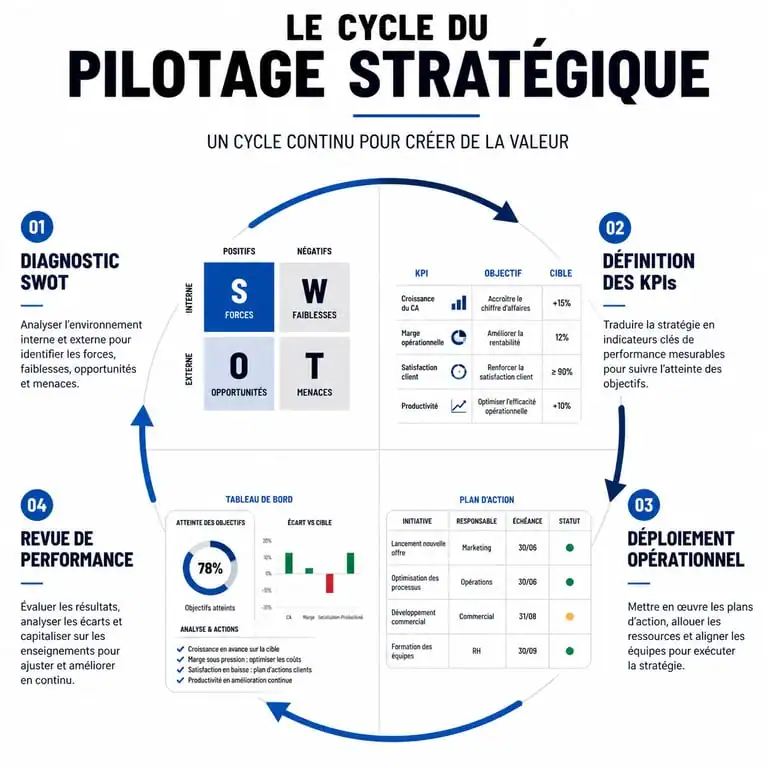 Schéma du cycle de pilotage stratégique en entreprise