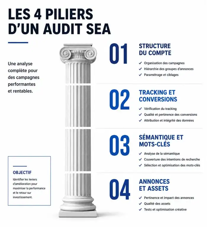 Infographie des piliers d'un audit SEA pour améliorer la performance de vos campagnes Google Ads