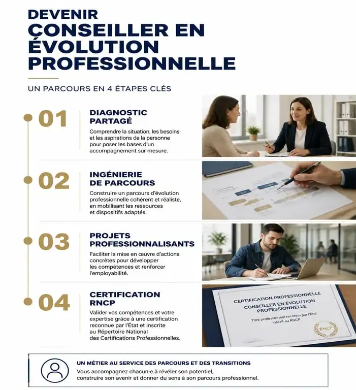 Infographie des étapes de la formation conseiller en évolution professionnelle
