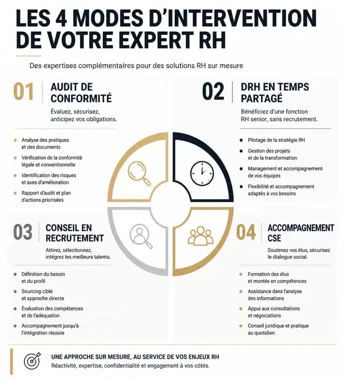 Infographie comparative des modes d'intervention d'un expert ressources humaines pour les entreprises
