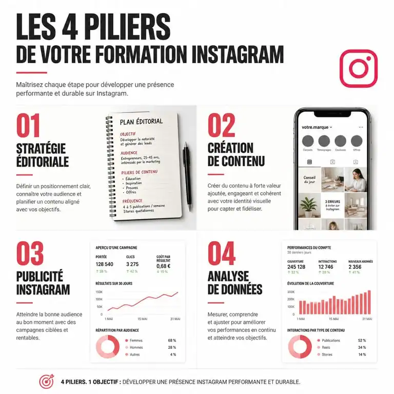 Infographie des piliers d'une formation Instagram pour réussir sa stratégie digitale