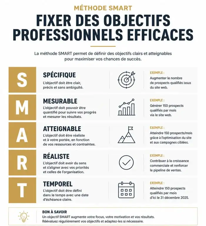Infographie explicative de la méthode SMART pour définir des objectifs d'entretien annuel
