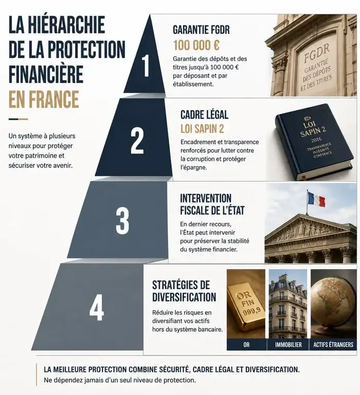 Infographie sur les niveaux de protection de l'épargne et les risques de saisie par l'État en cas de crise majeure