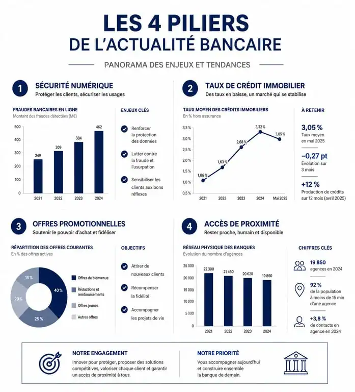 Infographie récapitulative de l'actualité sur les banques : sécurité, crédit immobilier, offres et proximité