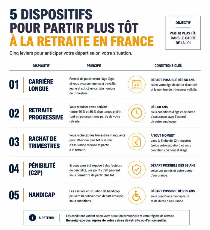 Infographie des dispositifs pour partir en retraite plus tôt en France