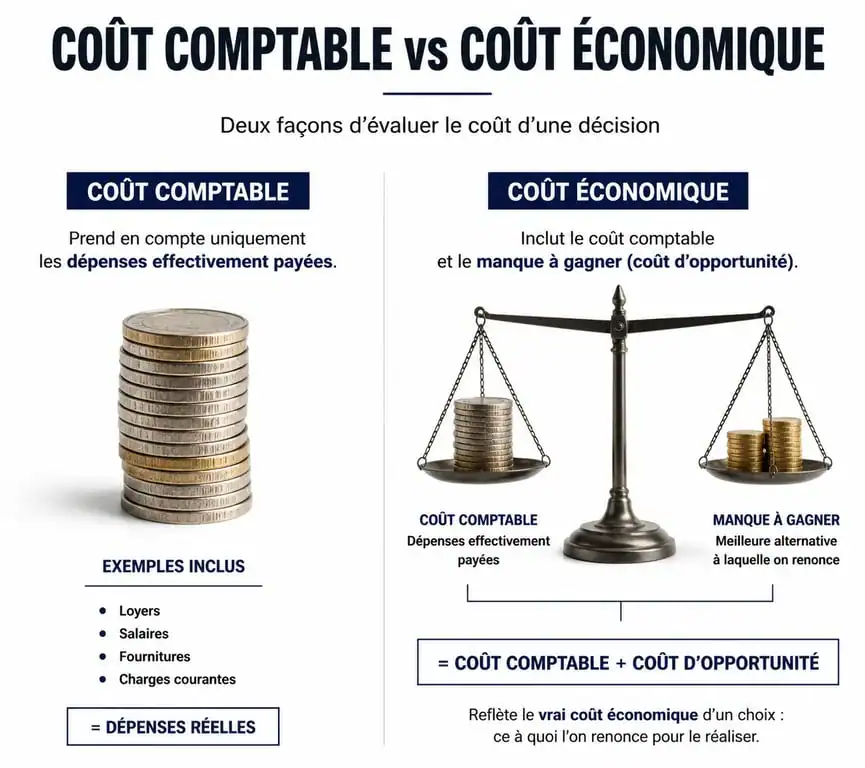 Infographie comparant le coût comptable et le coût d'opportunité pour une meilleure gestion financière