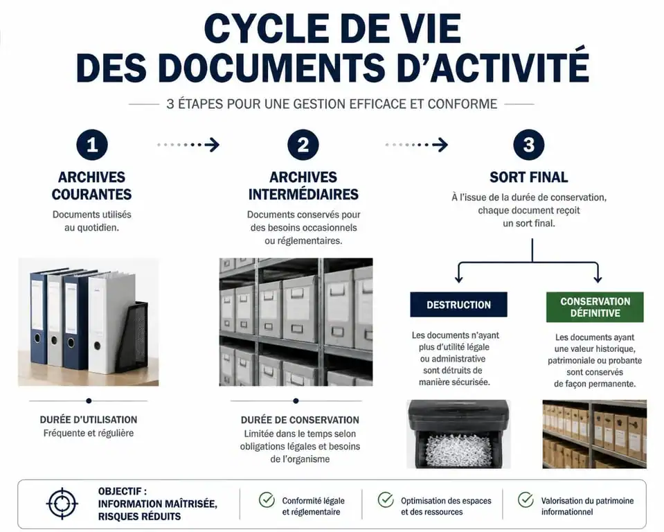 Schéma du cycle de vie des documents dans une stratégie de records management