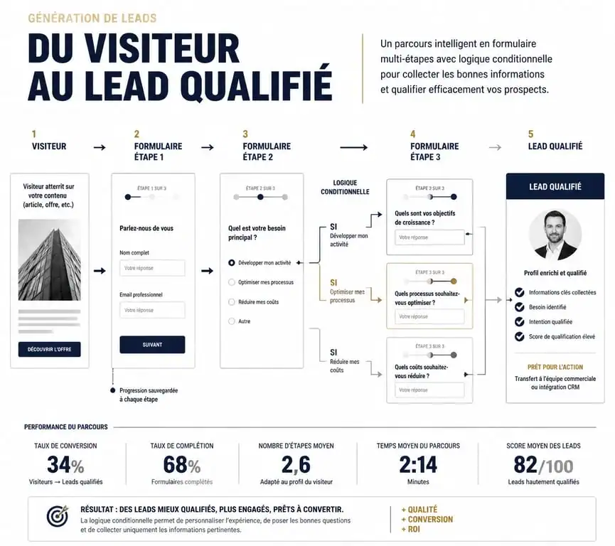 Schéma du processus de génération de leads qualifiés avec formulaires interactifs