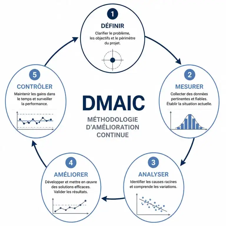 Schéma explicatif des 5 étapes de la méthode DMAIC : Définir, Mesurer, Analyser, Innover, Contrôler.