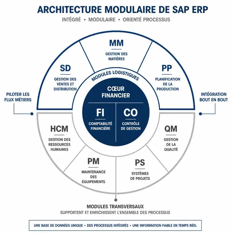 Schéma de l'architecture modulaire des modules SAP : finance, logistique et ressources humaines