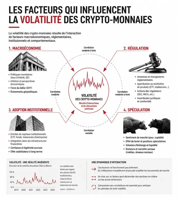 Infographie sur les facteurs de volatilité du cours des crypto-monnaies