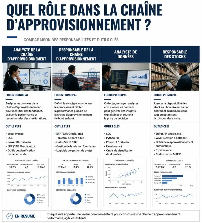 Infographie comparative des métiers de la supply chain : Supply Chain Analyst, Manager, Data Analyst et Gestionnaire de stocks