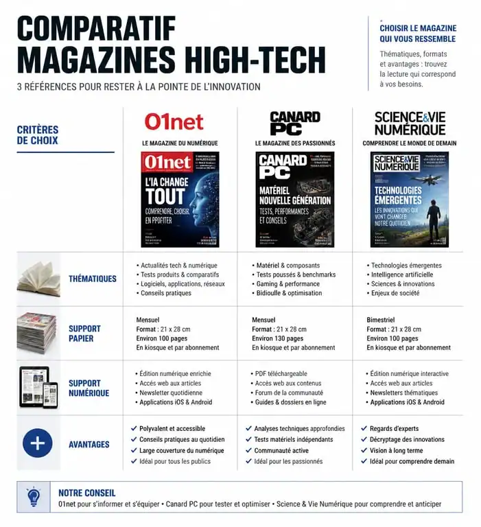 Infographie comparative des magazines high-tech : choisir entre T3, What Hi-Fi et Futura Sciences pour sa veille technologique