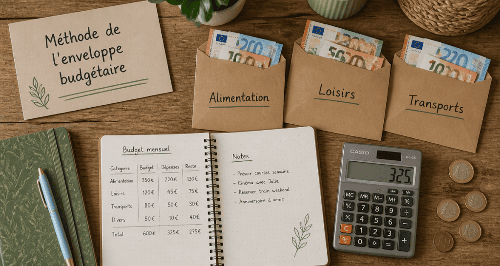 enveloppe budgétaire sur bureau avec billets et calculatrice