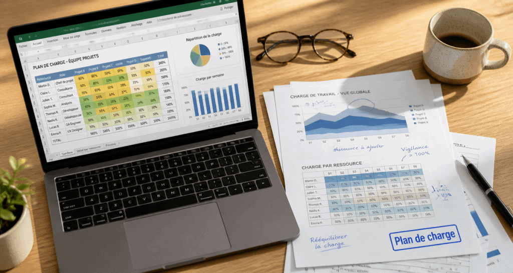 exemple plan de charge sur bureau avec ordinateur et graphiques