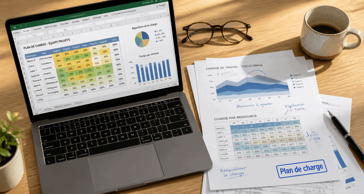exemple plan de charge sur bureau avec ordinateur et graphiques