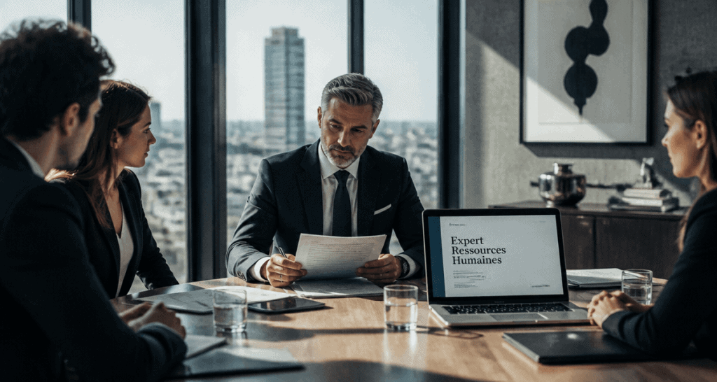 Expert ressources humaines consultant un dossier en équipe