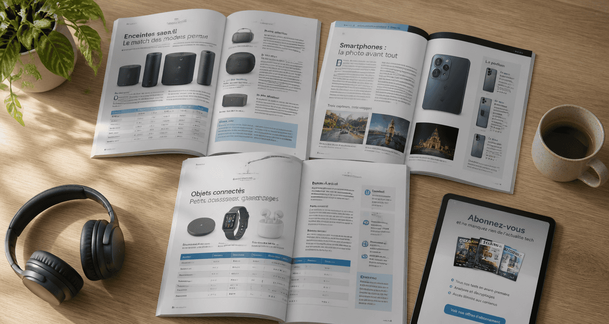 magazines high tech sur bureau avec gadgets