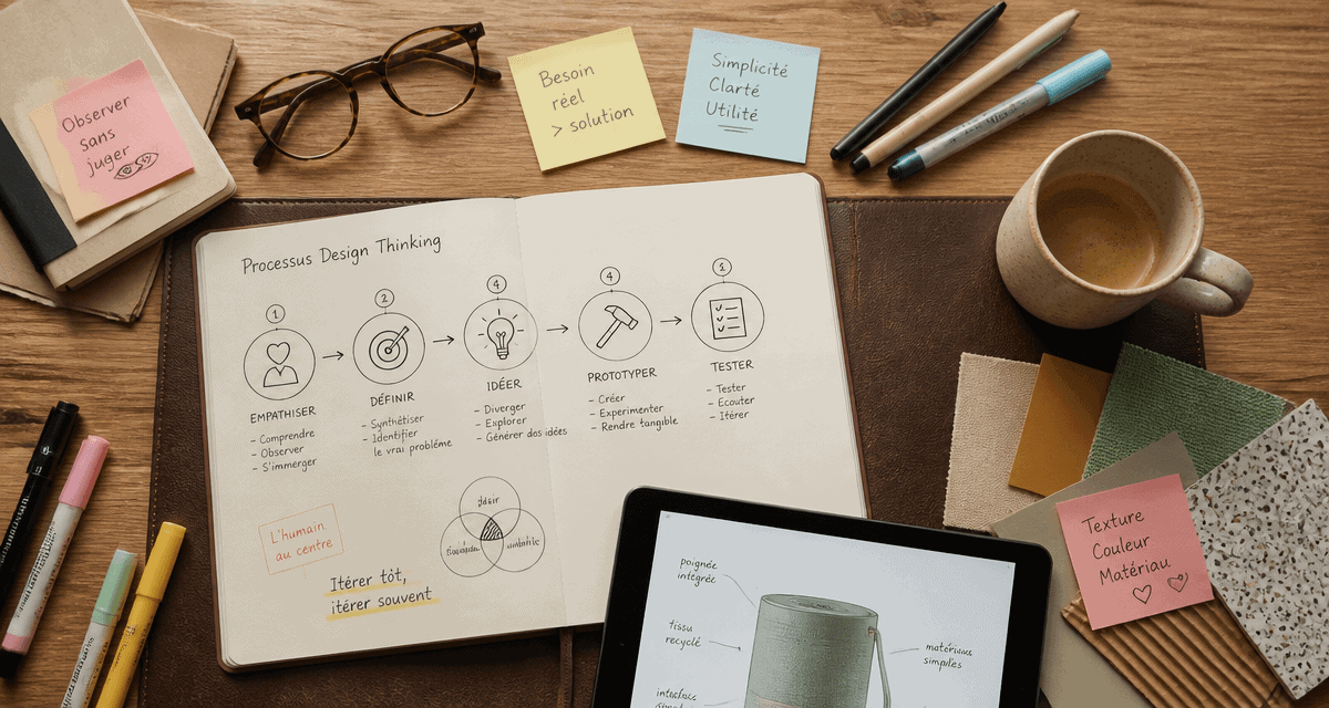 processus design thinking carnet et bureau créatif