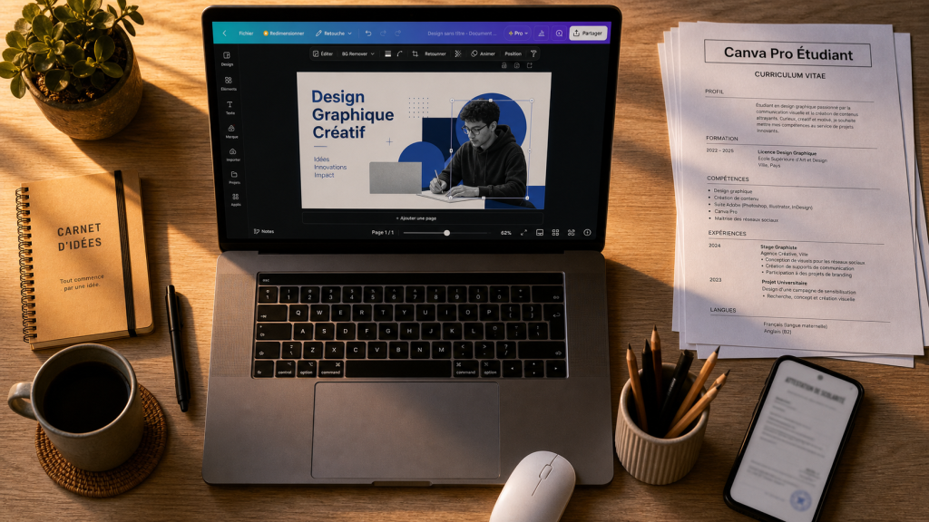 Canva Pro etudiant : ordinateur, CV et certificat de scolarité pour accès premium