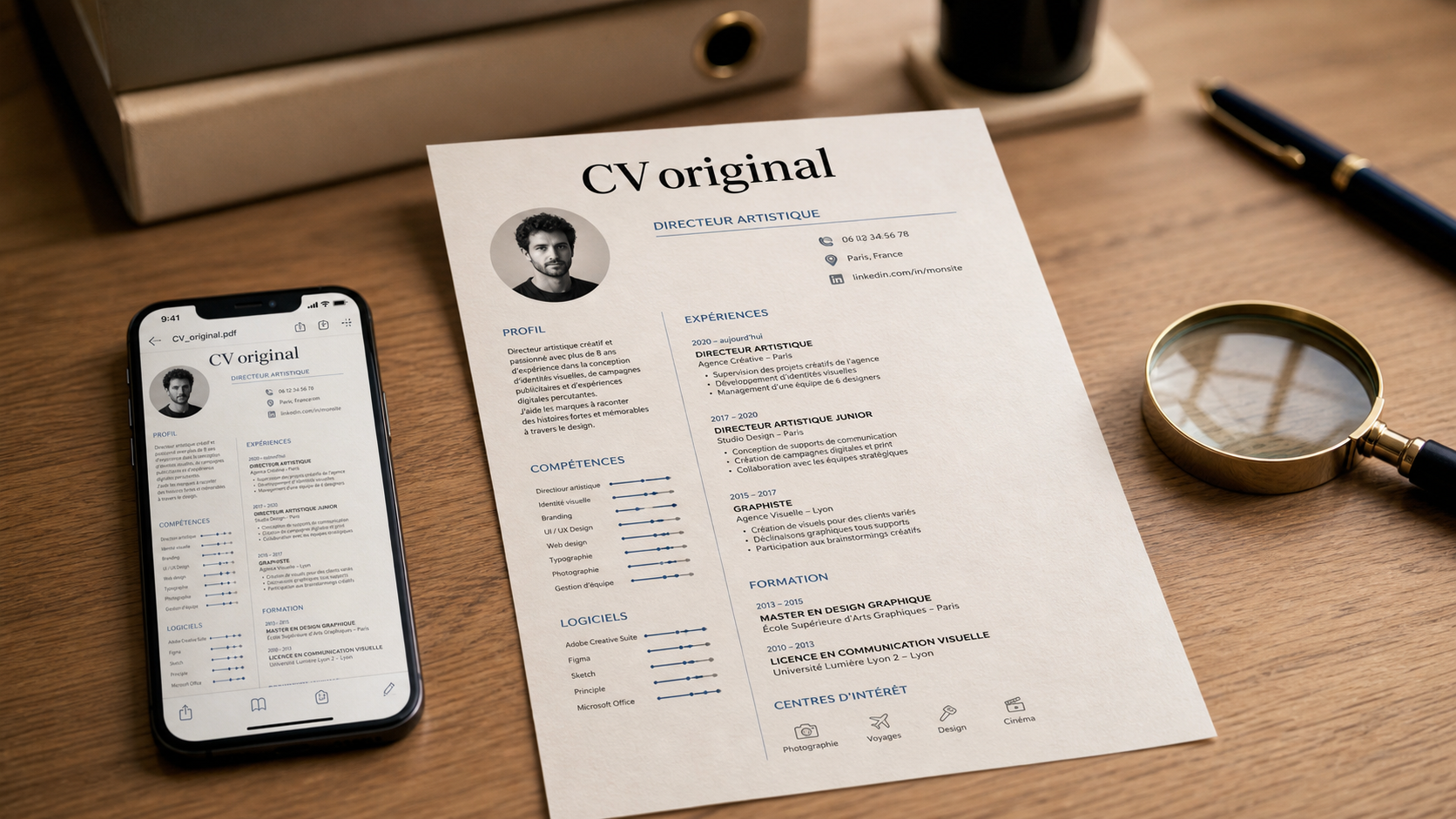 cv original exemple : CV original sur bureau en bois