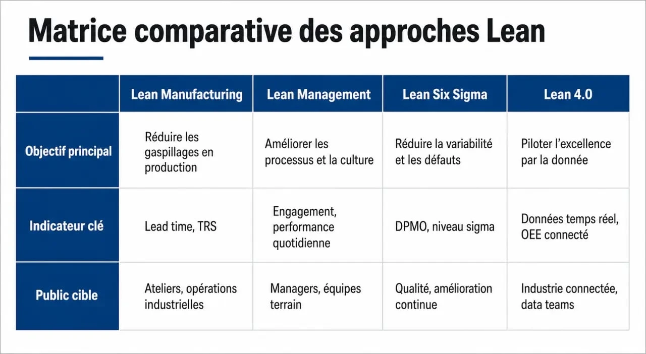 Infographie comparative des différentes approches Lean : Lean Manufacturing, Lean Management, Lean Six Sigma et Lean 4.0 pour optimiser la performance.