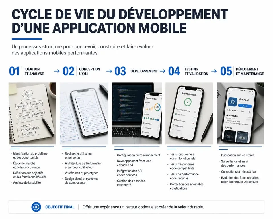 Schéma du cycle de vie du développement d'une application mobile, de la conception au déploiement.