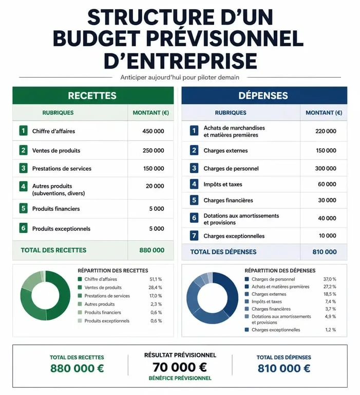 Exemple de structure de budget prévisionnel pour entreprise avec recettes et dépenses