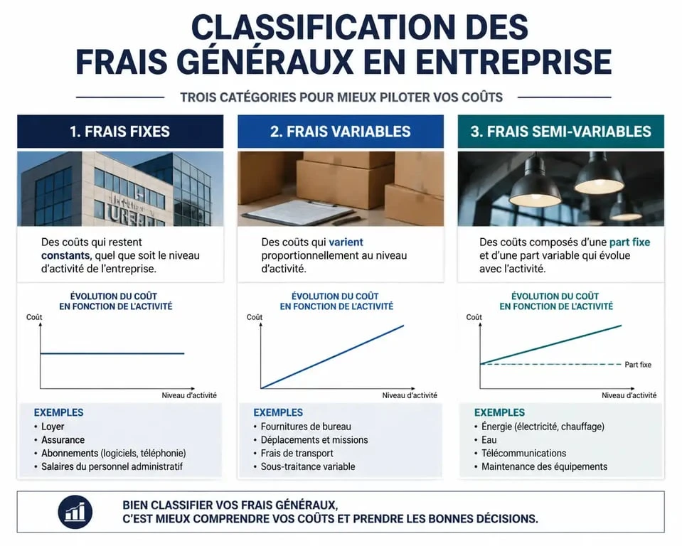 Infographie sur la classification des frais généraux en entreprise : fixes, variables et semi-variables