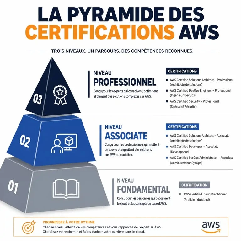 Infographie des niveaux de formation AWS Cloud et certifications