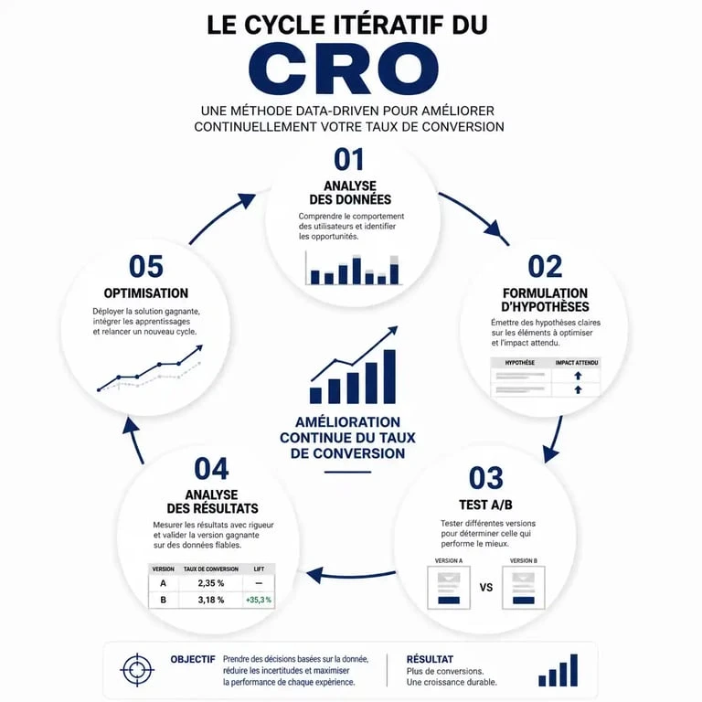 Infographie du cycle de vie du CRO marketing pour l'optimisation de la conversion